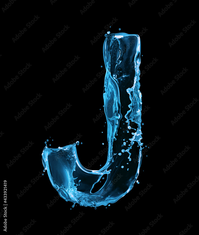 Latin letter J made of water splashes on a black background