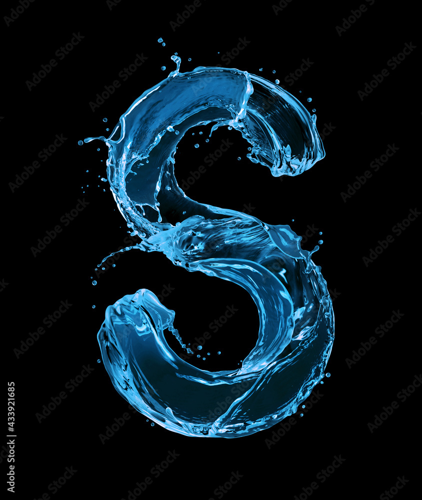 Latin letter S made of water splashes on a black background