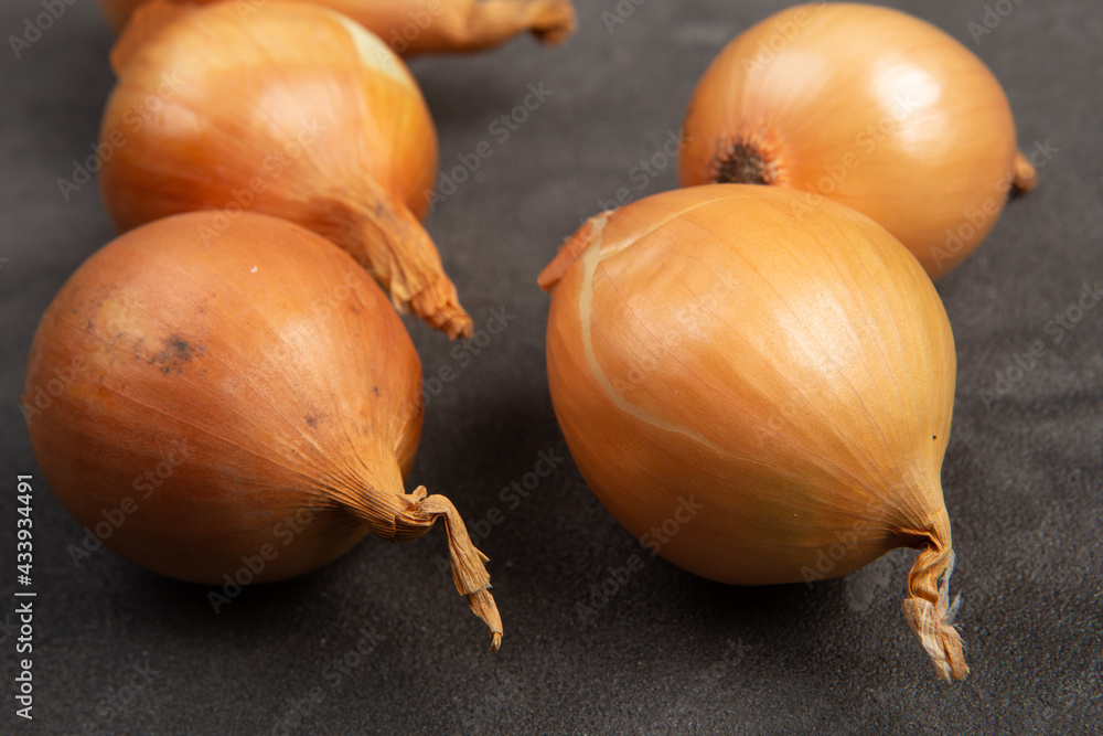 Fresh organiс onions on grey concrete background. Vegetables. Healthy food concept