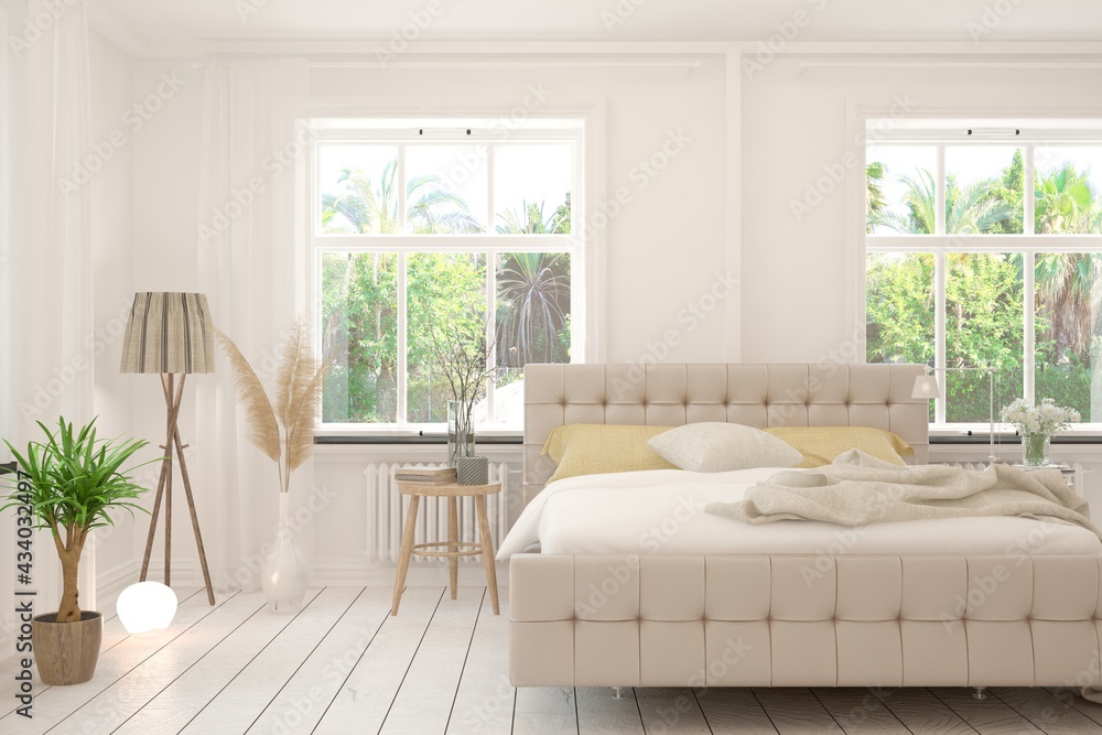 Stylish bedroom in white color with summer landscape in window. Scandinavian interior design. 3D ill