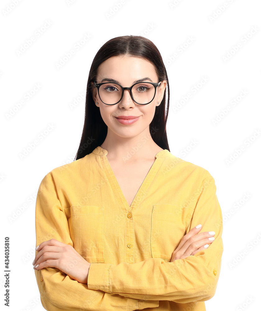 Beautiful young woman wearing stylish sunglasses on white background