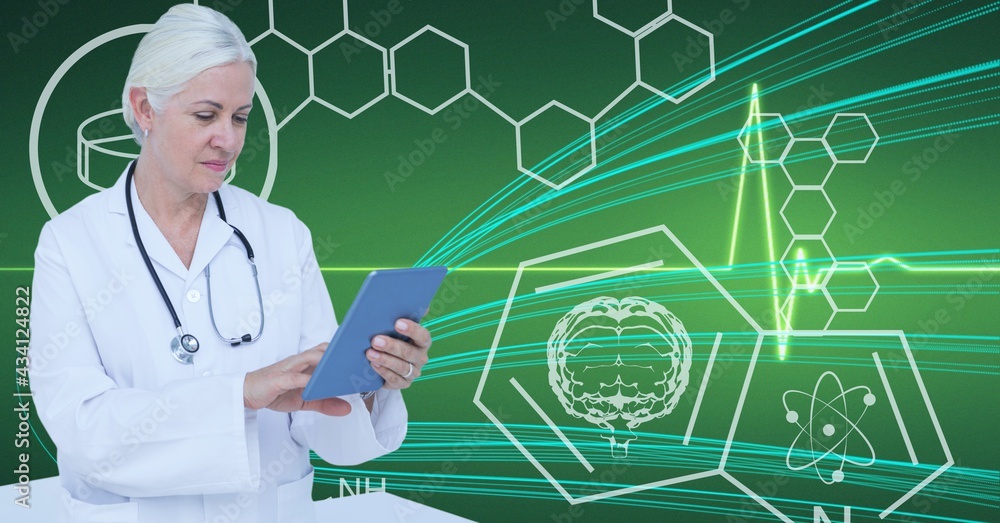 Composition of female doctor using virtual screen with medical icons on green background