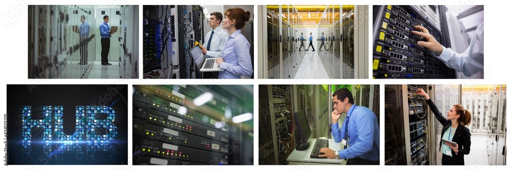 Composite of eight images with processors and technicians in tech room maintaining computer servers