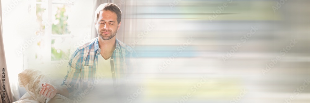 Alone businessman practicing meditation and relaxing at home with home background concept