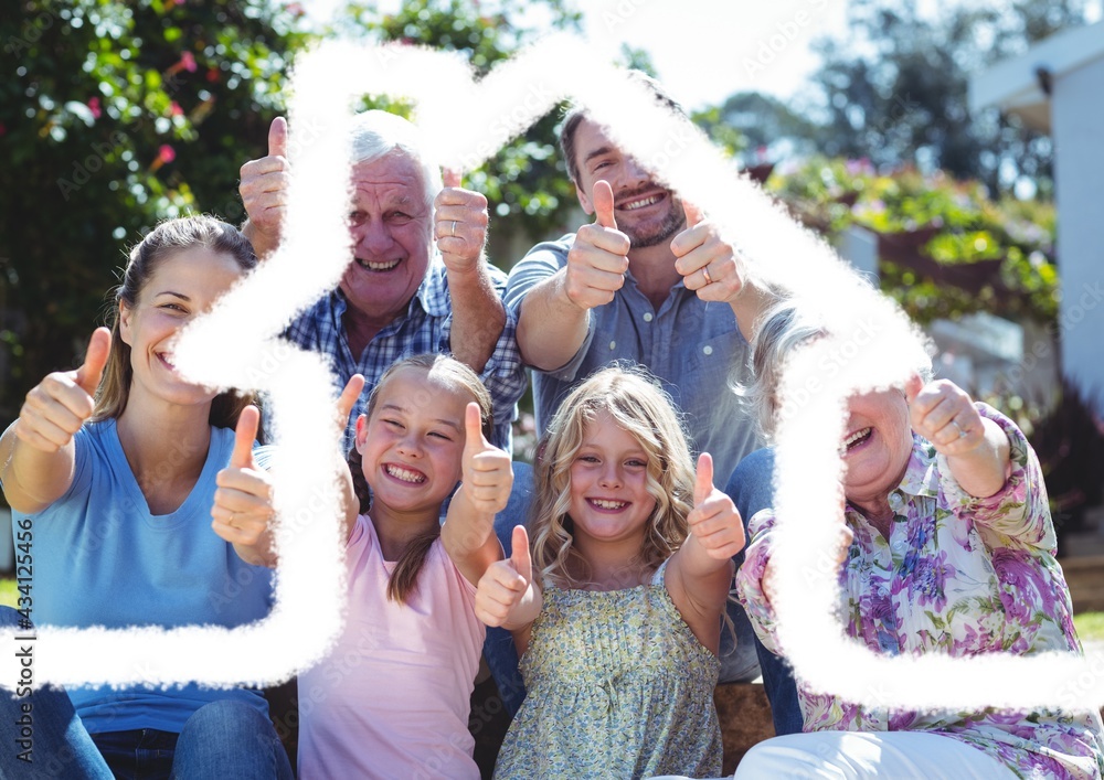 House outline over a happy multigenerational family giving thumbs up, family and housing concepts