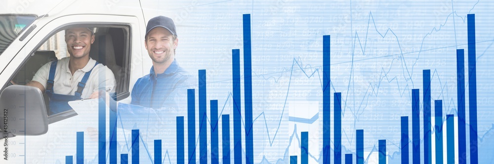 Composition of financial data processing over smiling delivery men and van