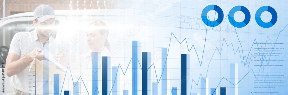 Composition of financial data processing over delivery man delivering parcel