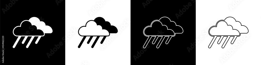 Set Cloud with rain icon isolated on black and white background. Rain cloud precipitation with rain 