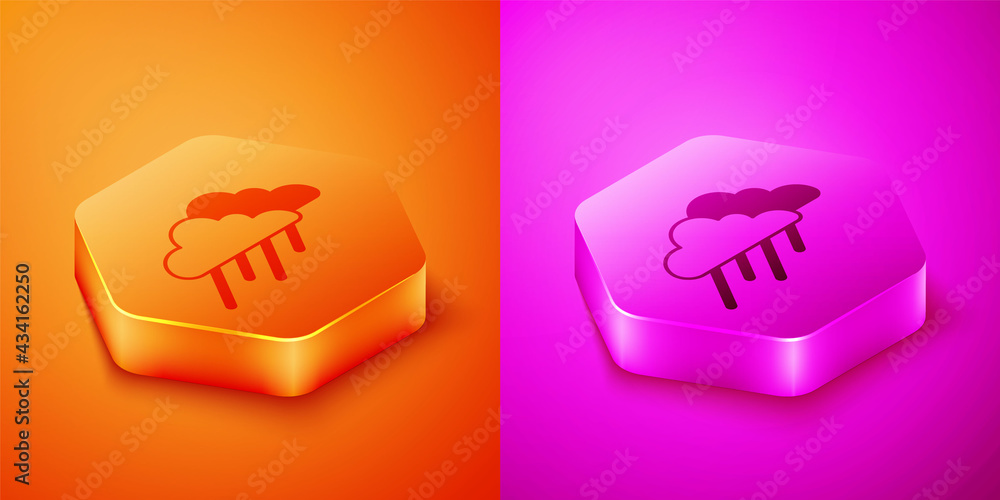 Isometric Cloud with rain icon isolated on orange and pink background. Rain cloud precipitation with