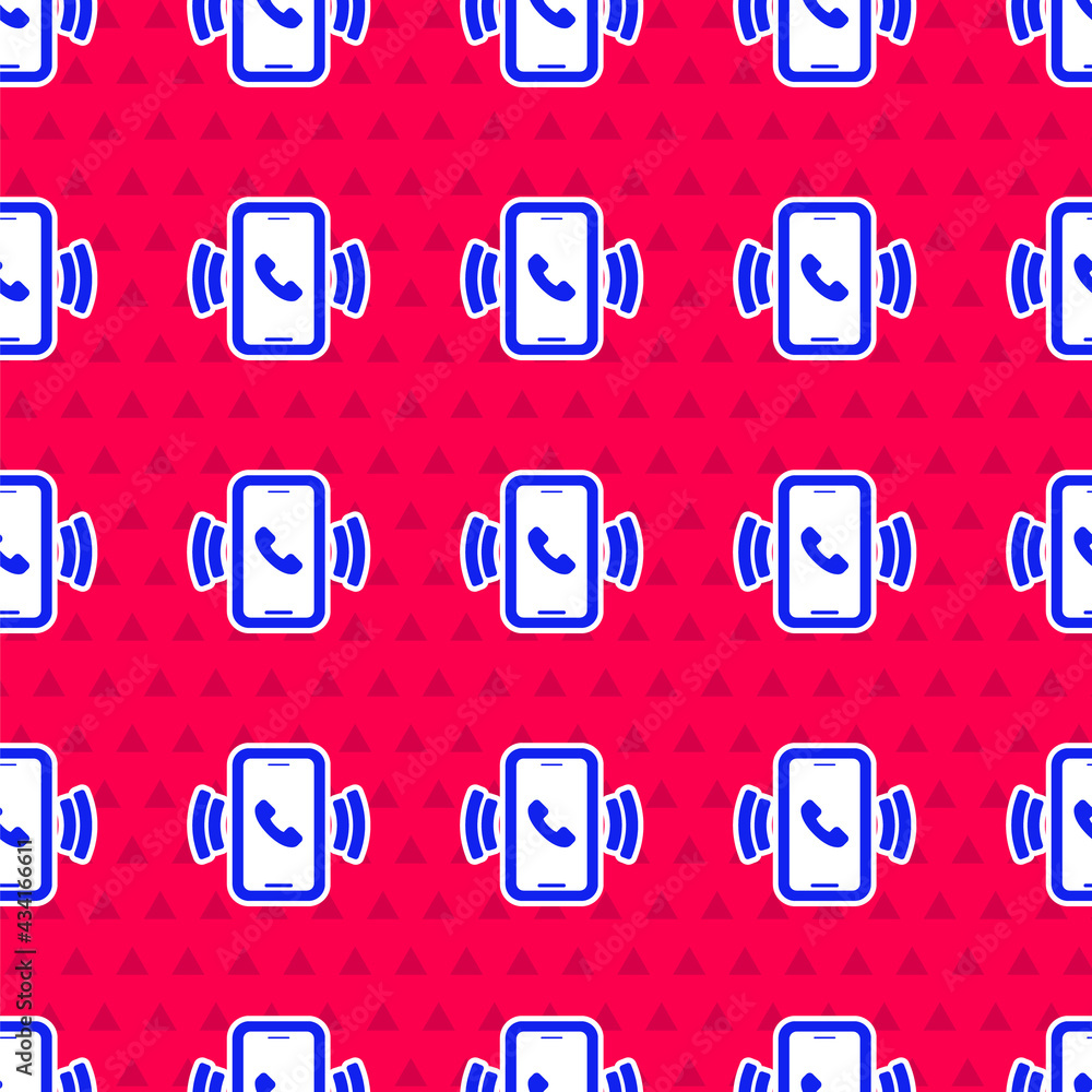 Blue Telephone 24 hours support icon isolated seamless pattern on red background. All-day customer s