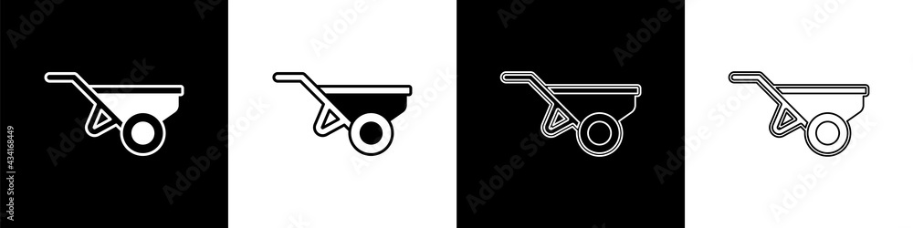 Set Wheelbarrow with dirt icon isolated on black and white background. Tool equipment. Agriculture c