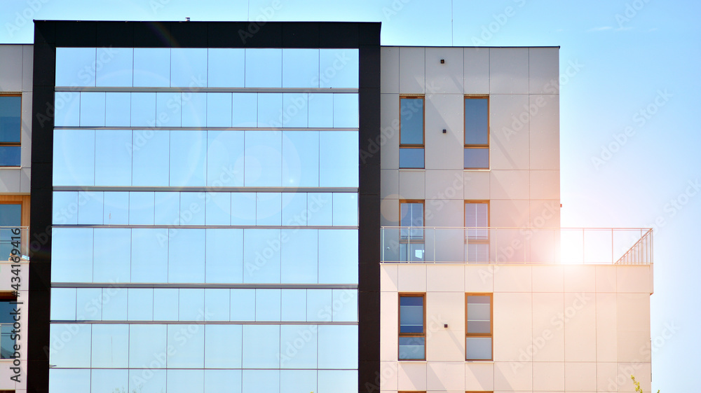 Apartment residential house and home facade architecture and outdoor facilities. Blue sky on the bac