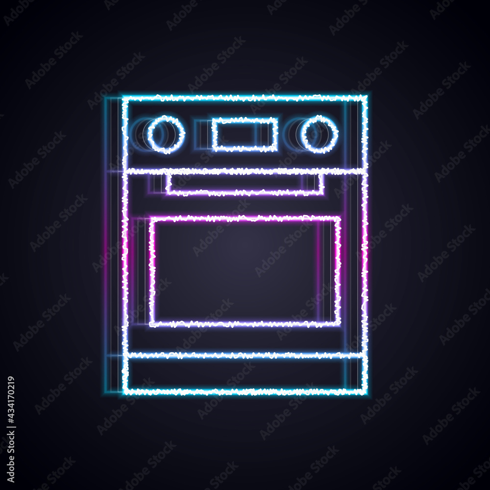 Glowing neon line Oven icon isolated on black background. Stove gas oven sign. Vector