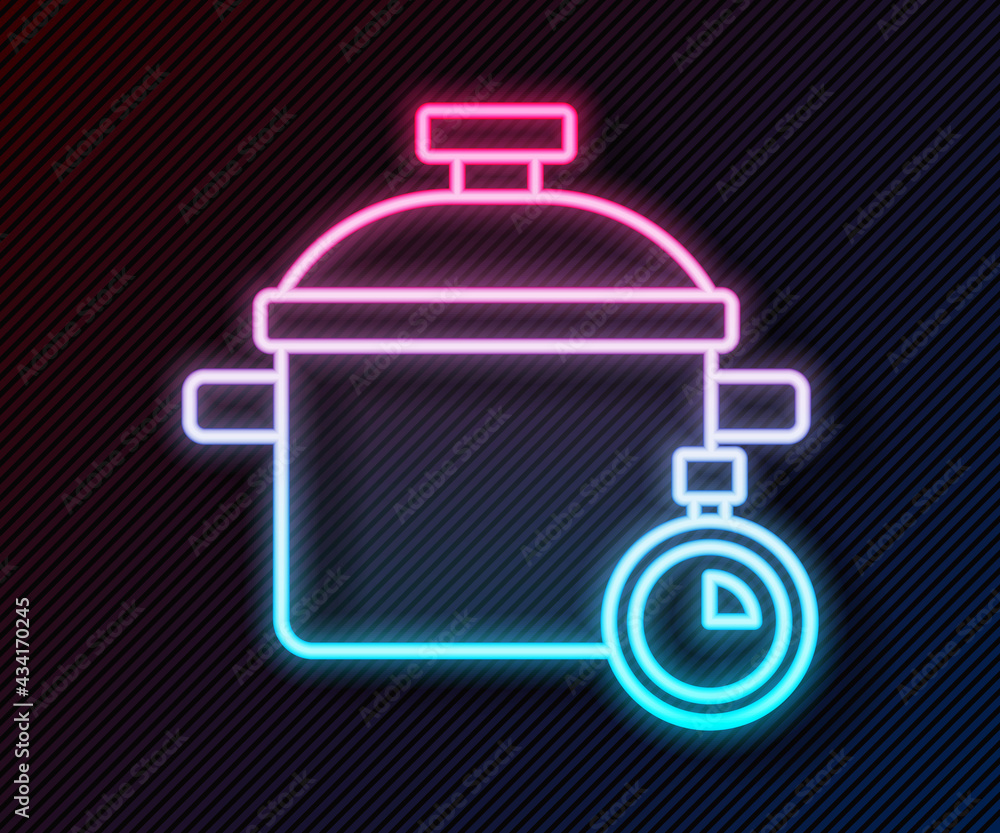 Glowing neon line Cooking pot icon isolated on black background. Boil or stew food symbol. Vector