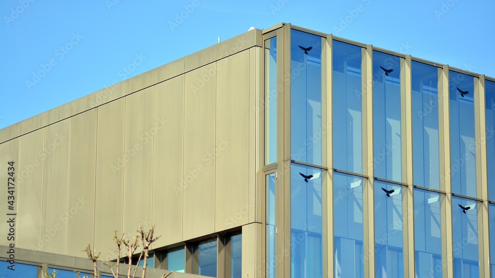 Glass facade of the buildings with a blue sky. Skyscrapers in the business city center.. Background 