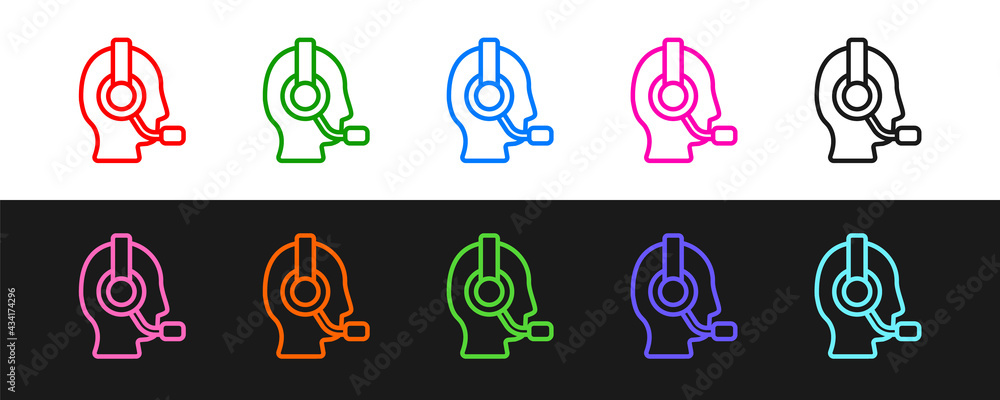 Set line Man with a headset icon isolated on black and white background. Support operator in touch. 