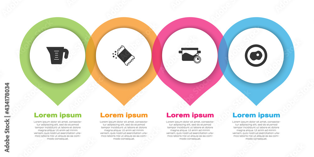 设置量杯、一包胡椒、烹饪锅和炒鸡蛋。商业信息图模板。