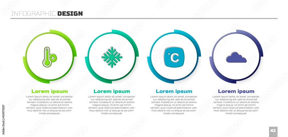 设置气象温度计、雪花、摄氏度和云。商业信息图模板。矢量