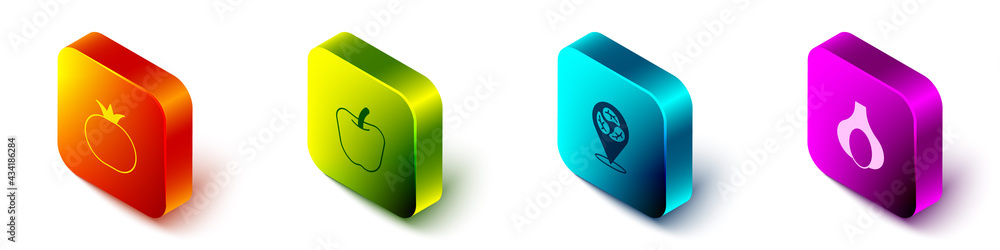 Set Isometric Tomato, Apple, Vegan food diet and Garlic icon. Vector