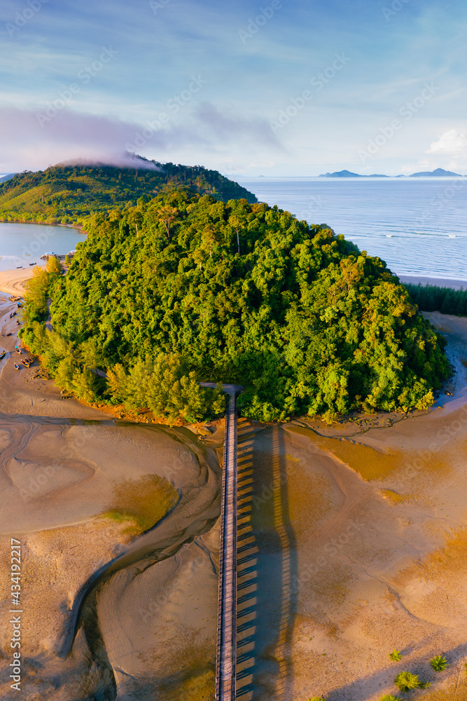 Aerial view of beautiful scenery of island and the bridge in morning in Ranong province, Thailand