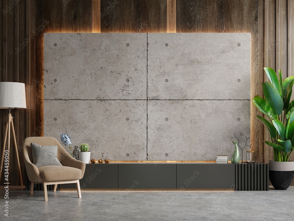 Cabinet for tv the in modern living room with brown armchair the concrete wall.