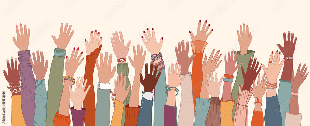 Group of diverse people with raised arms and hands.Work team.Support and assistance.People diversity