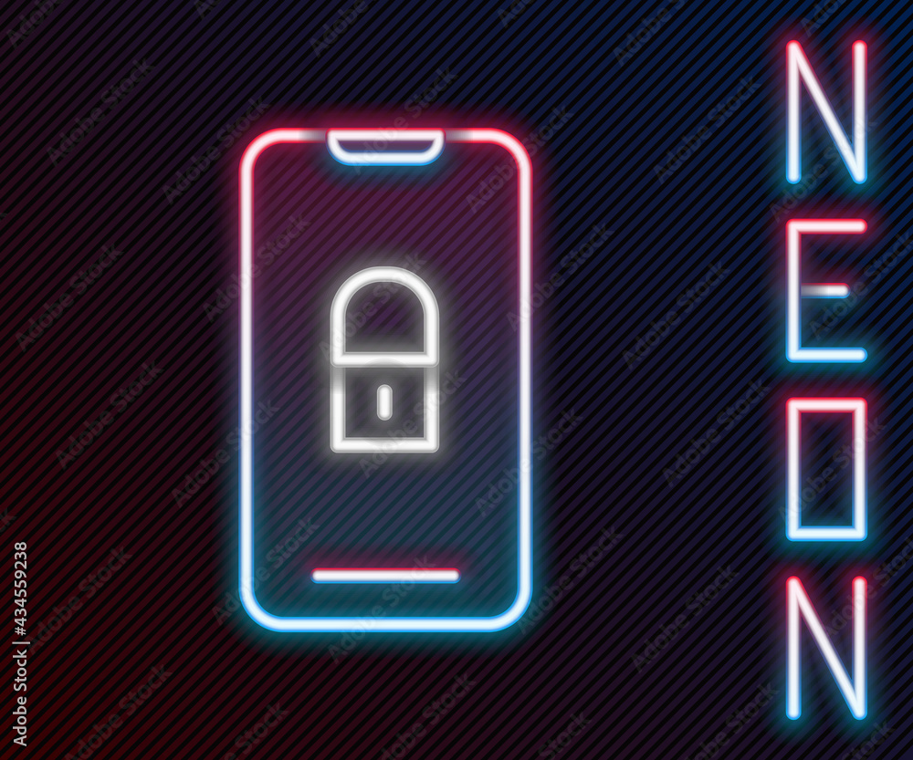 Glowing neon line Smartphone with closed padlock icon isolated on black background. Phone with lock.