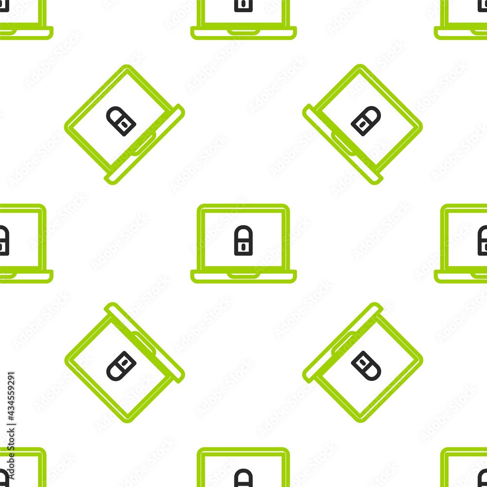 Line Laptop and lock icon isolated seamless pattern on white background. Computer and padlock. Secur