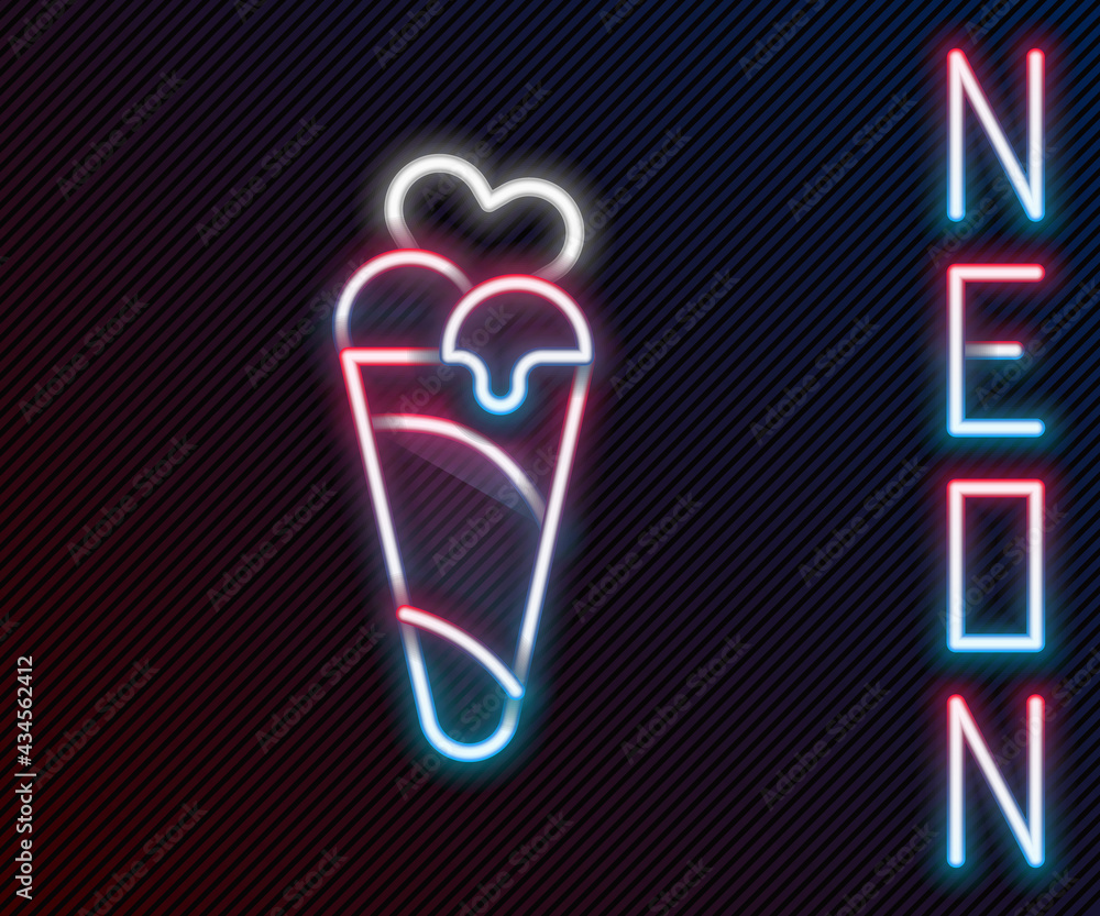 Glowing neon line Ice cream in waffle cone icon isolated on black background. Sweet symbol. Colorful