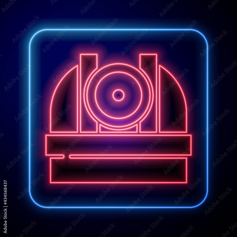 Glowing neon Astronomical observatory icon isolated on blue background. Observatory with a telescope