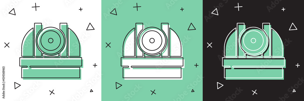 将天文台图标隔离在白色、绿色、黑色背景上。天文台带有
