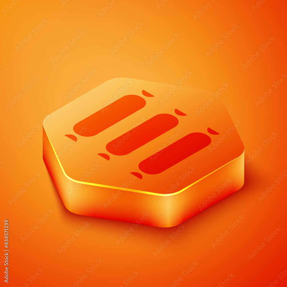 Isometric Sausage icon isolated on orange background. Grilled sausage and aroma sign. Orange hexagon