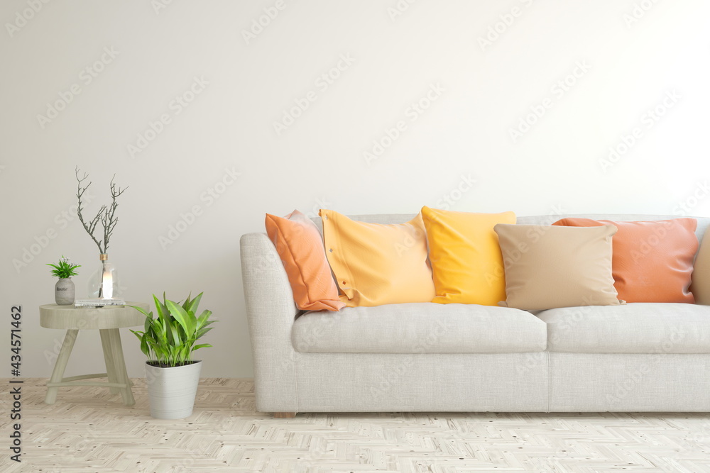 Soft color living room with sofa. Scandinavian interior design. 3D illustration