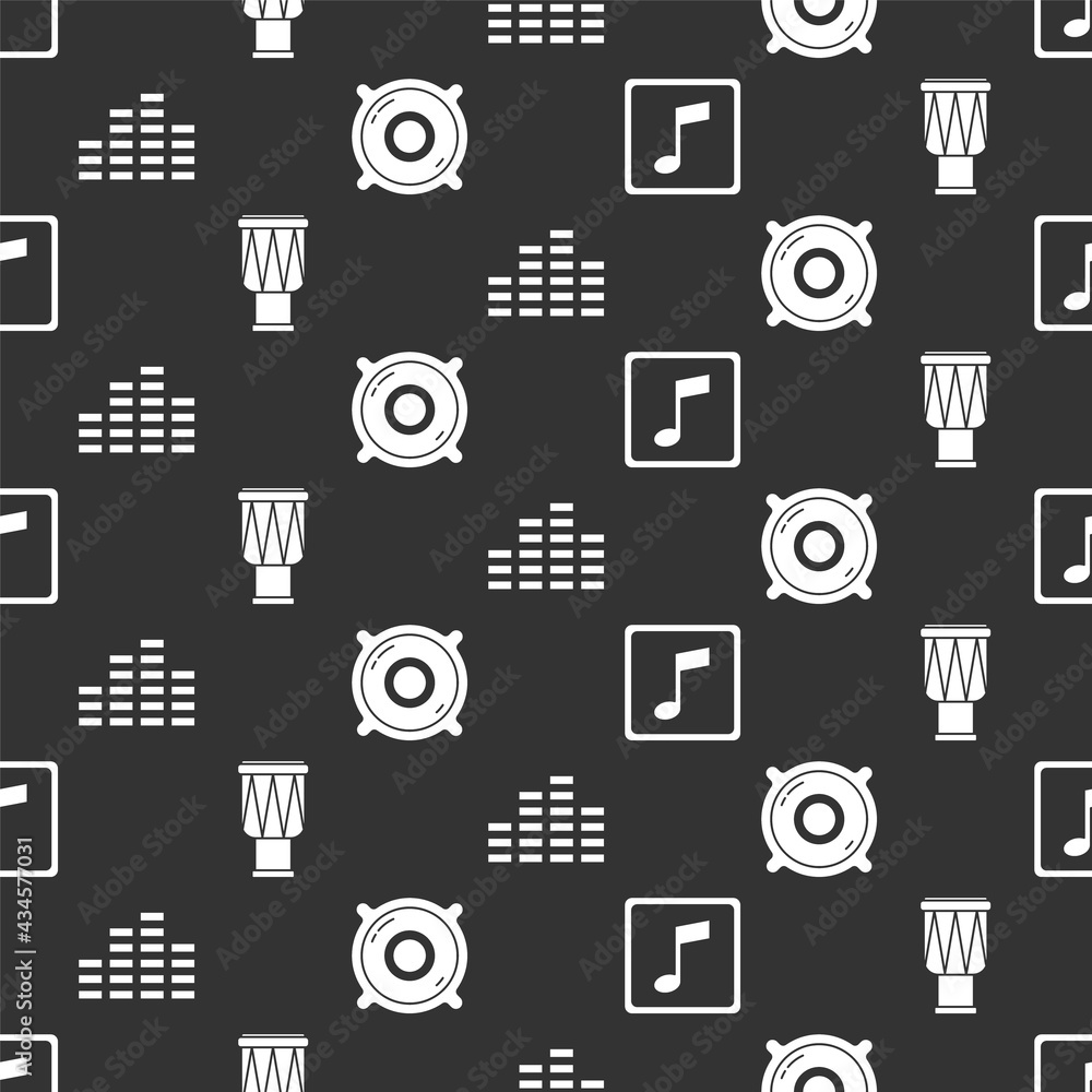 Set Music note, tone, Drum, Music equalizer and Stereo speaker on seamless pattern. Vector