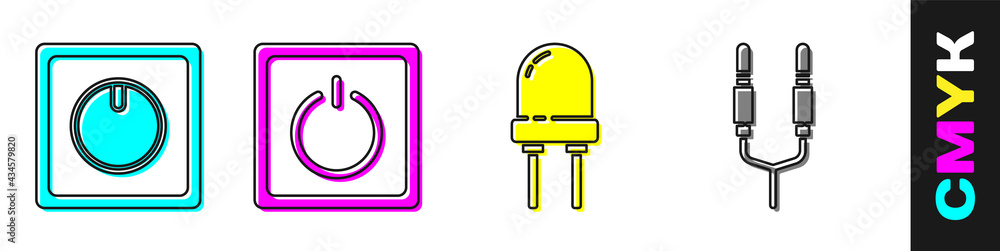 设置电灯开关、电灯开关、发光二极管和音频插孔图标。矢量
