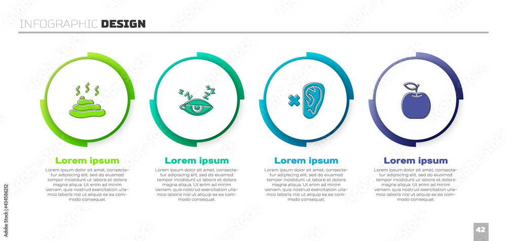 设置大便、失眠、聋人和苹果。商业信息图模板。矢量