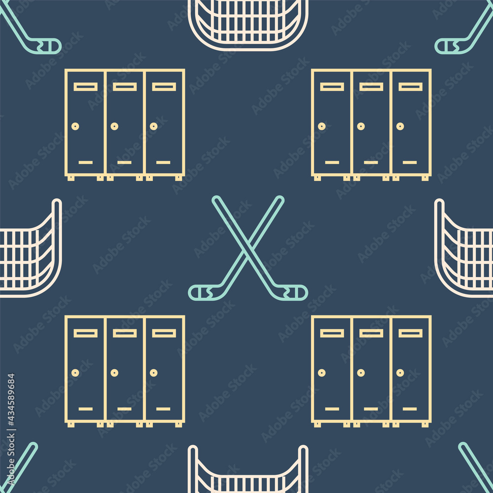 Set line Ice hockey goal, Locker or changing room and Ice hockey sticks on seamless pattern. Vector