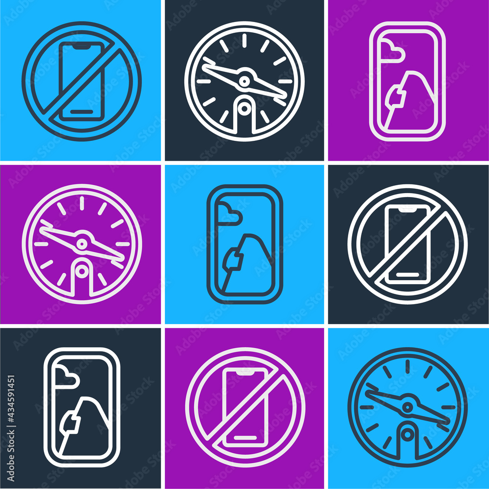 Set line No cell phone, Airplane window and Compass icon. Vector