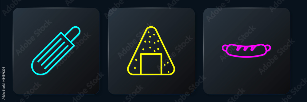 Set line French hot dog, Hotdog sandwich and Onigiri. Black square button. Vector