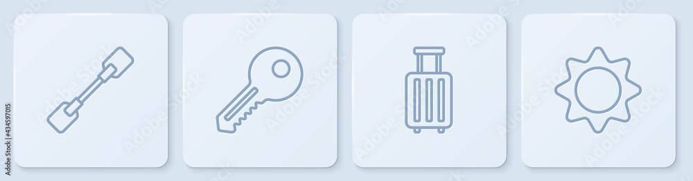 设置线条桨、手提箱、钥匙和太阳。白色方形按钮。矢量