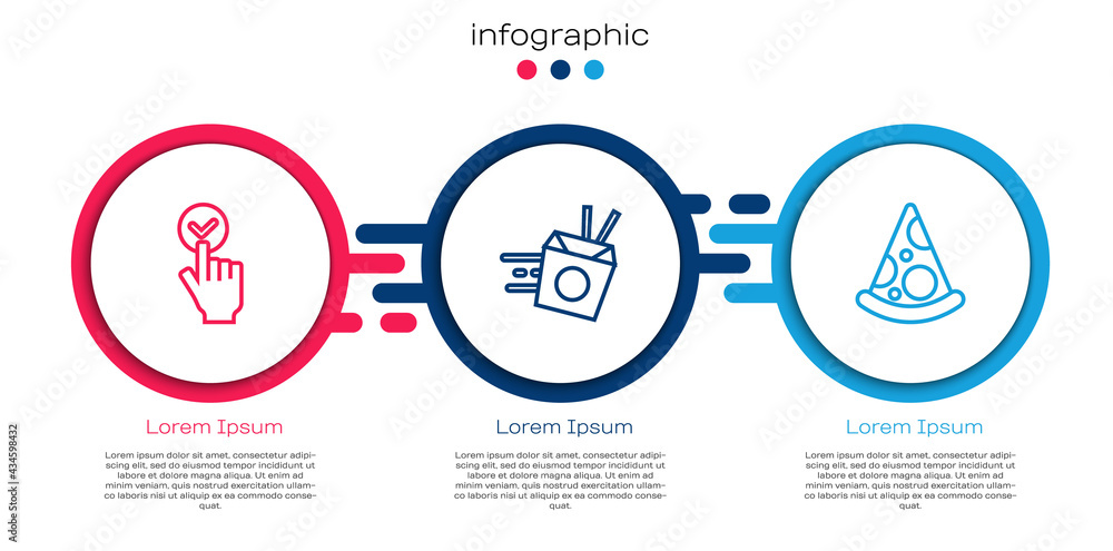 Set line Online ordering and delivery, noodles and Slice of pizza. Business infographic template. Ve