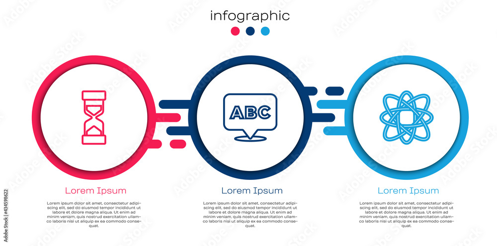 Set line Old hourglass with sand, Alphabet and Atom. Business infographic template. Vector