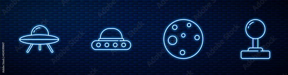 设定火星、不明飞行物飞行飞船和操纵杆。砖墙上闪闪发光的霓虹灯图标。矢量