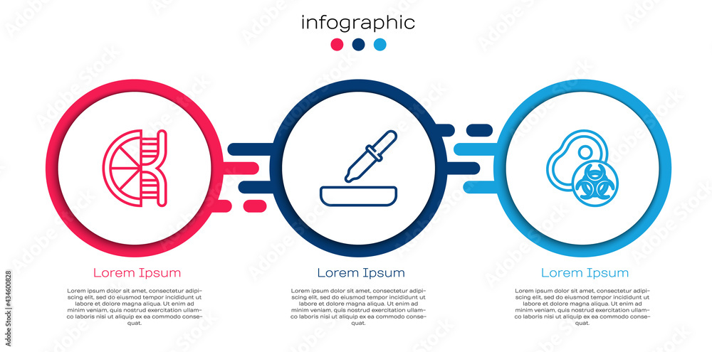 Set line Genetically modified orange, Pipette and meat. Business infographic template. Vector