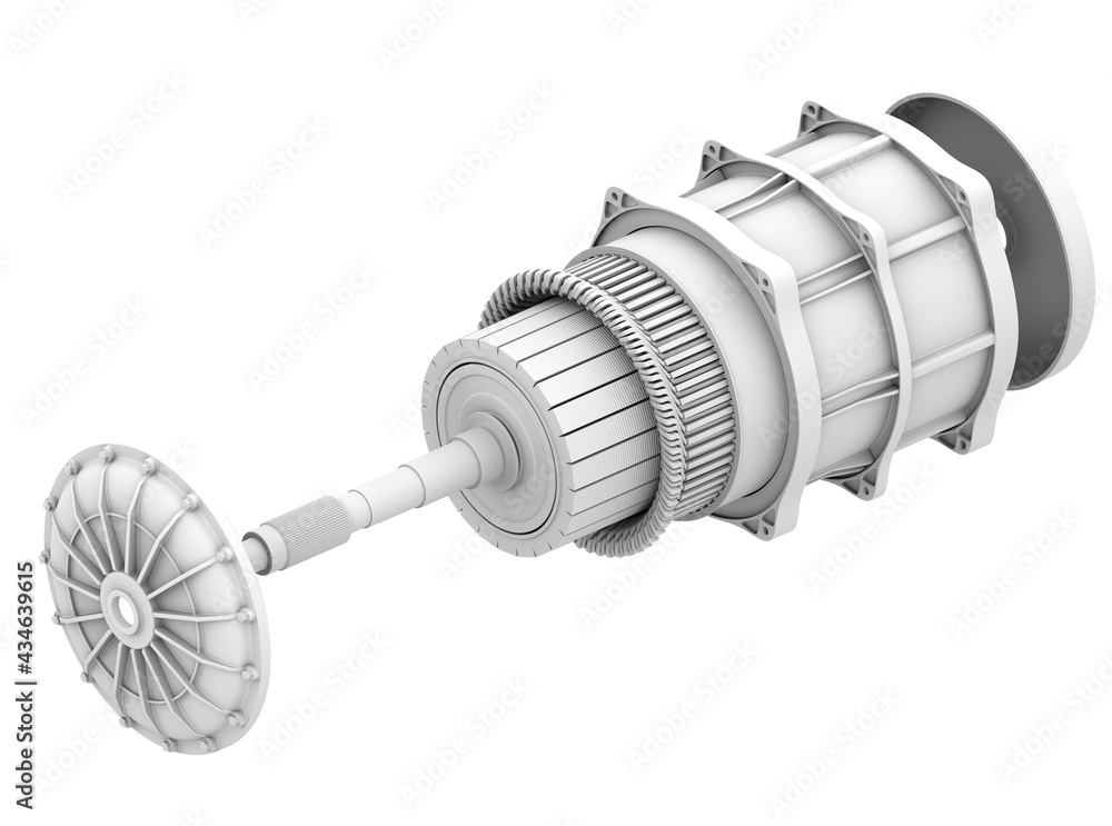 灰色背景下电动汽车发动机的粘土渲染分解图。3D渲染图像。