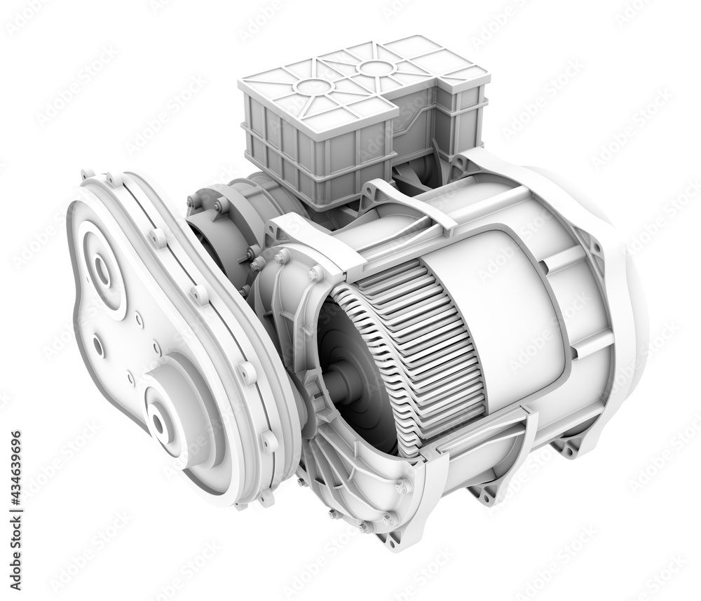 Clay rendering of Electric Vehicle Motors cutaway view. 3D rendering image.