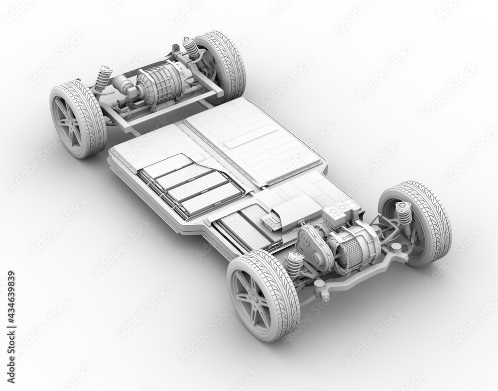 粘土渲染。电动汽车电池组的剖面图。3D渲染图像。