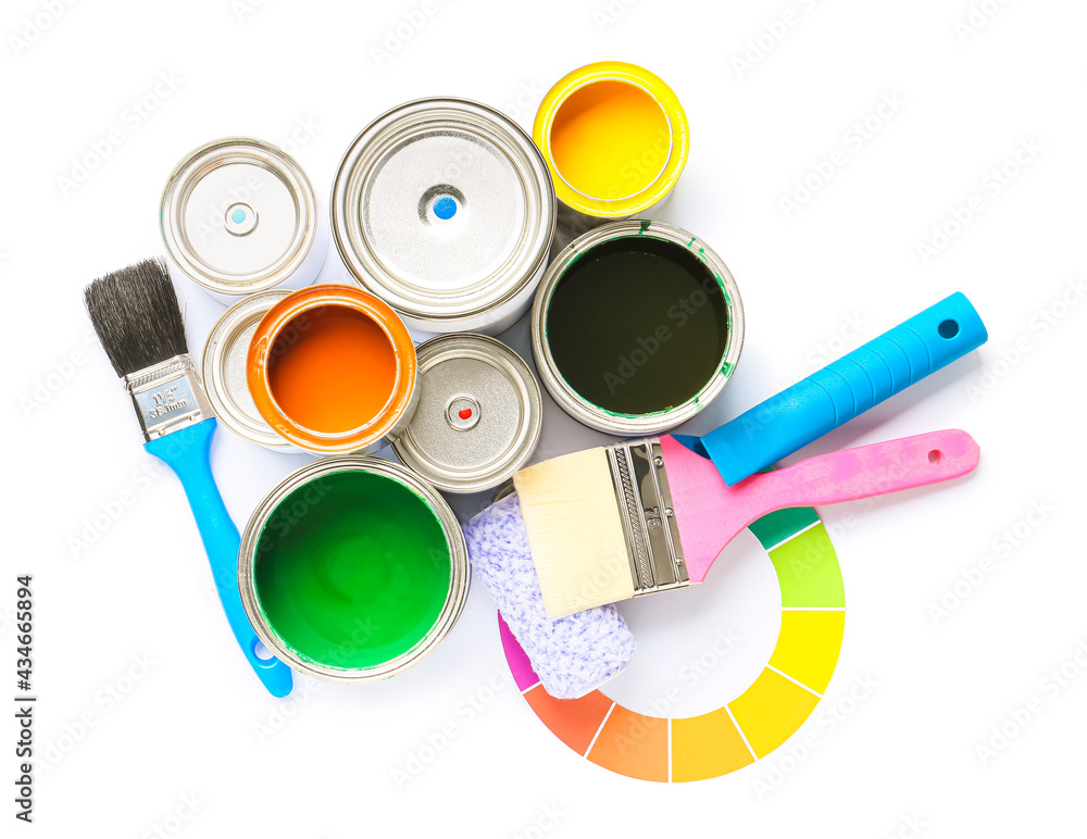 Cans of paints and tools on white background