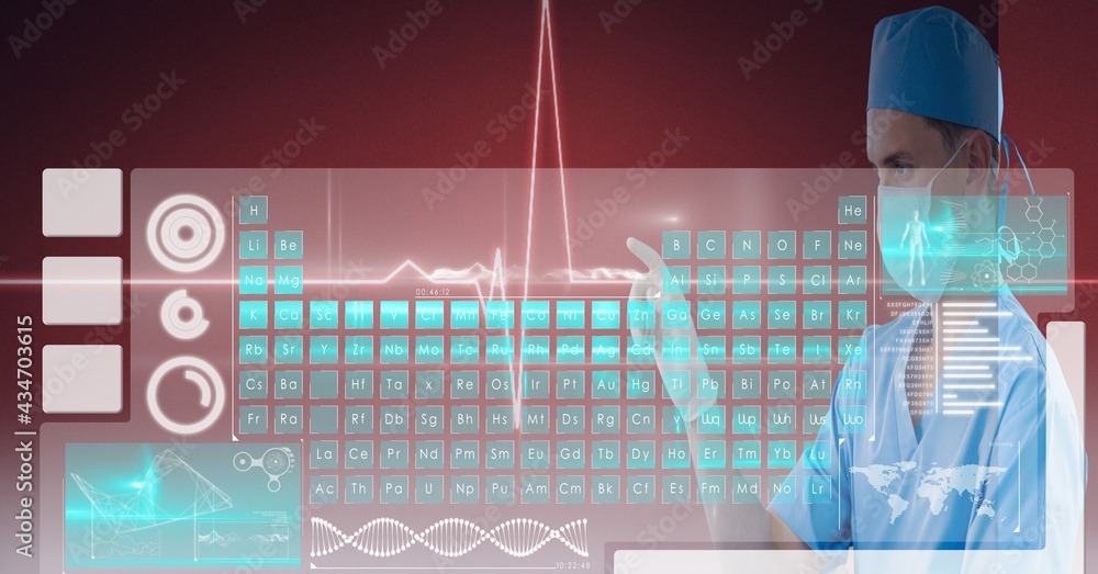 Periodic table and data processing over male surgeon wearing face mask touching invisible screen