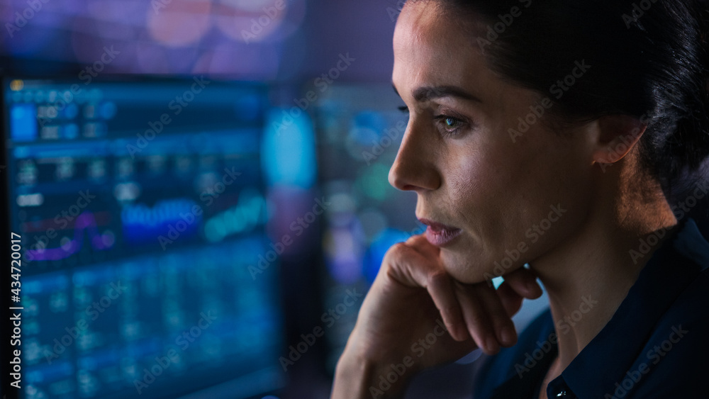 Confident Beautiful Middle Aged Woman Looks at Monitor Screens Focused. Professional Businesswoman T